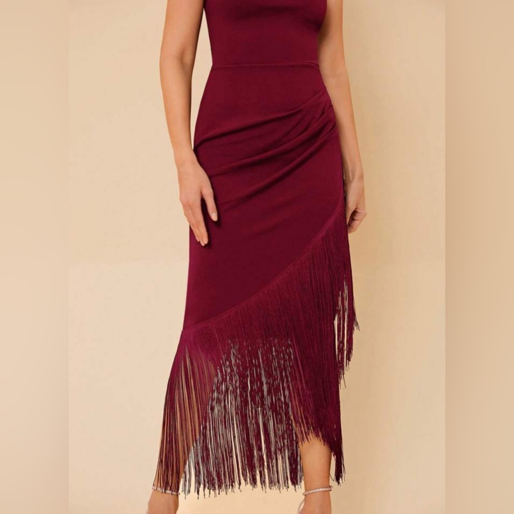 SHEIN Wine One-Shoulder Fringe Midi Dress - Picture 3 of 9